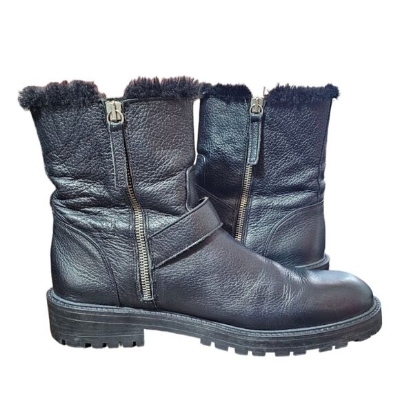 Zara Basic black leather moto combat boots zipper shearling lined EU41 US10 - Picture 5 of 16